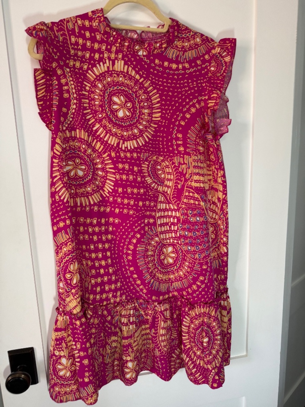 Pink Orange Boho Print Ruffle Hem Shift  Popover Dress (Size L) Teacher Dress